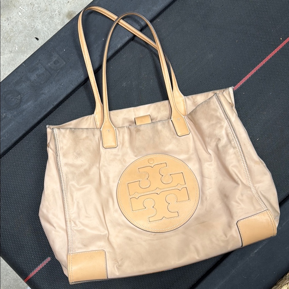 Tory Burch Blush & Tan Vinyl Tote with Leather Handles and Logo